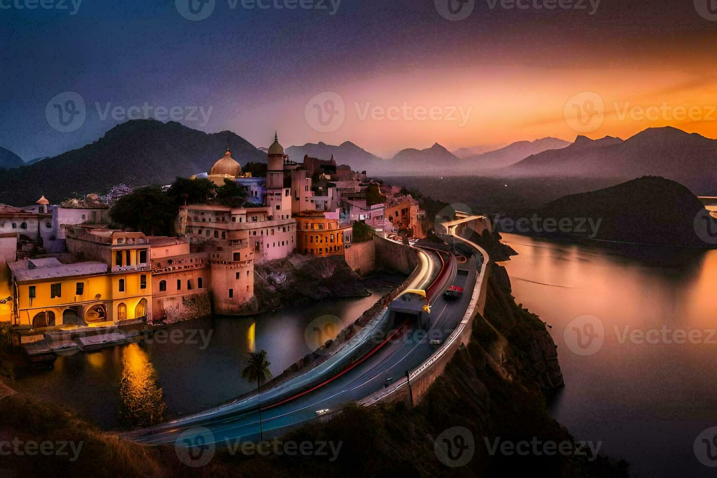 a city with a bridge over a river at sunset. AI-Generated photo