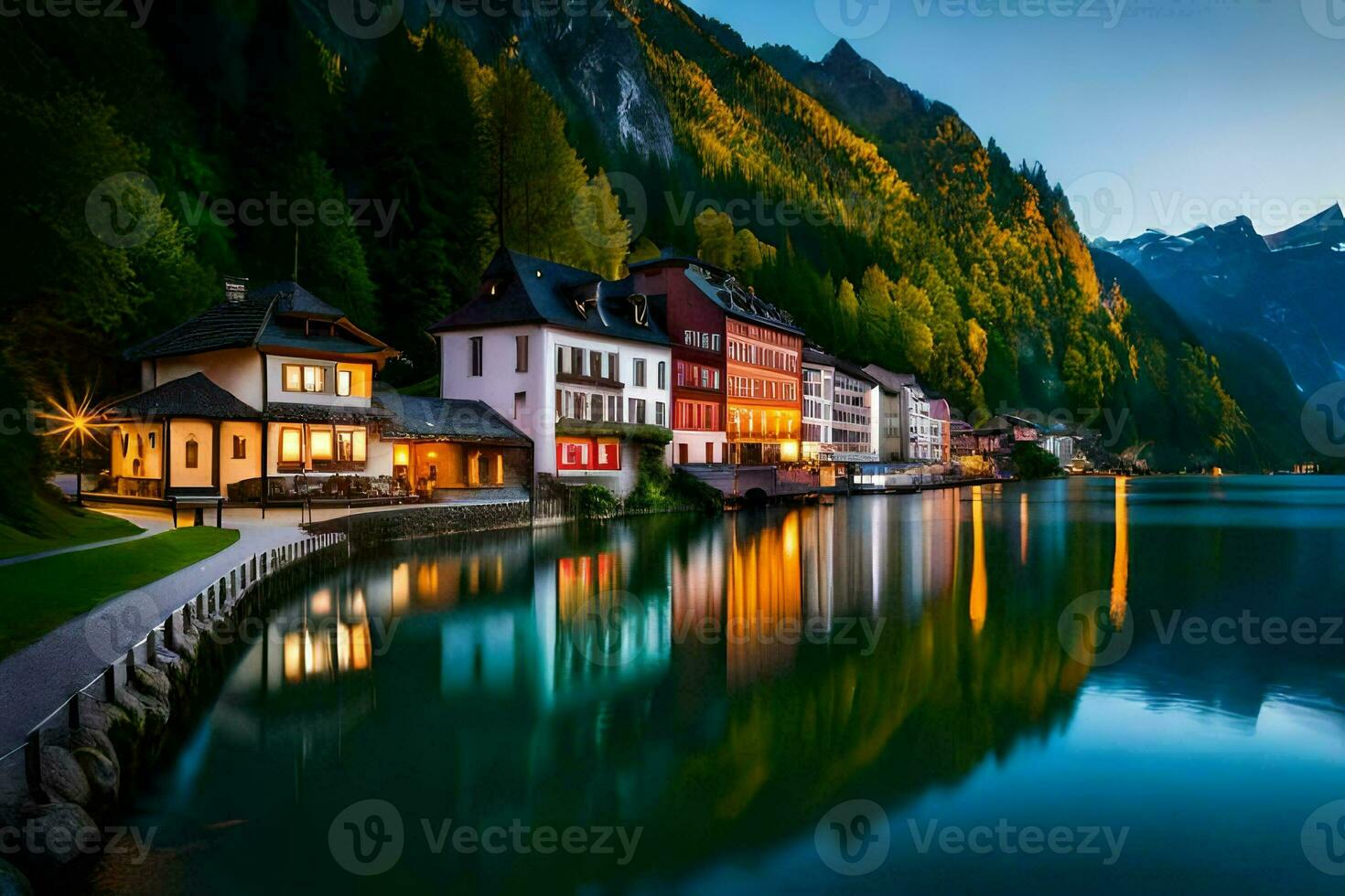 a town sits on the shore of a lake at night. AI-Generated photo