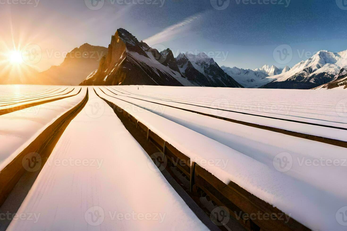 a train tracks in the snow with mountains in the background. AI-Generated photo