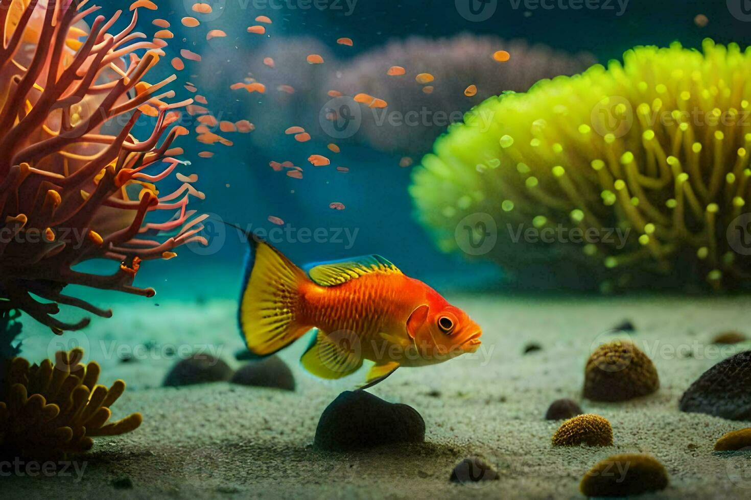 an orange fish swimming in an aquarium. AI-Generated photo