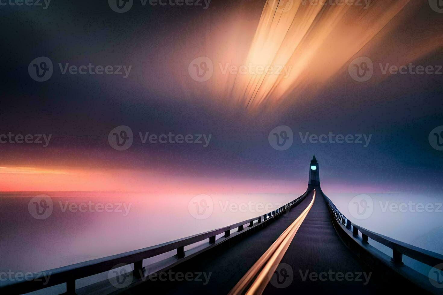 a long exposure photo of a bridge with a light trail. AI-Generated