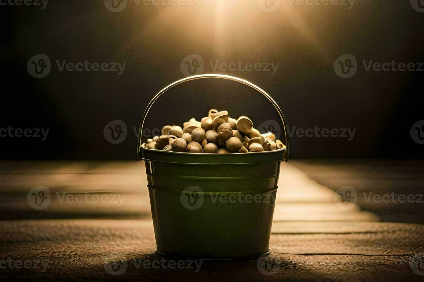 a bucket filled with beans on a wooden table. AI-Generated photo