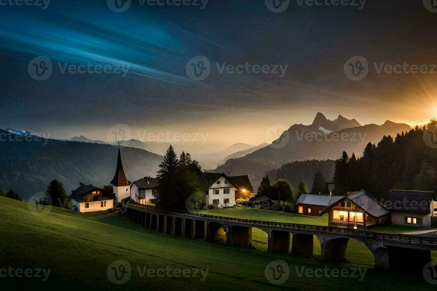 a village in the mountains with a bridge and a church. AI-Generated photo