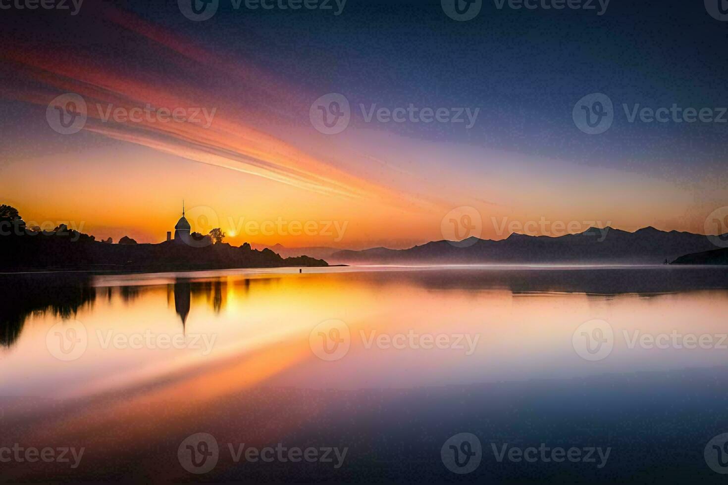 a sunrise over a lake with mountains in the background. AI-Generated photo
