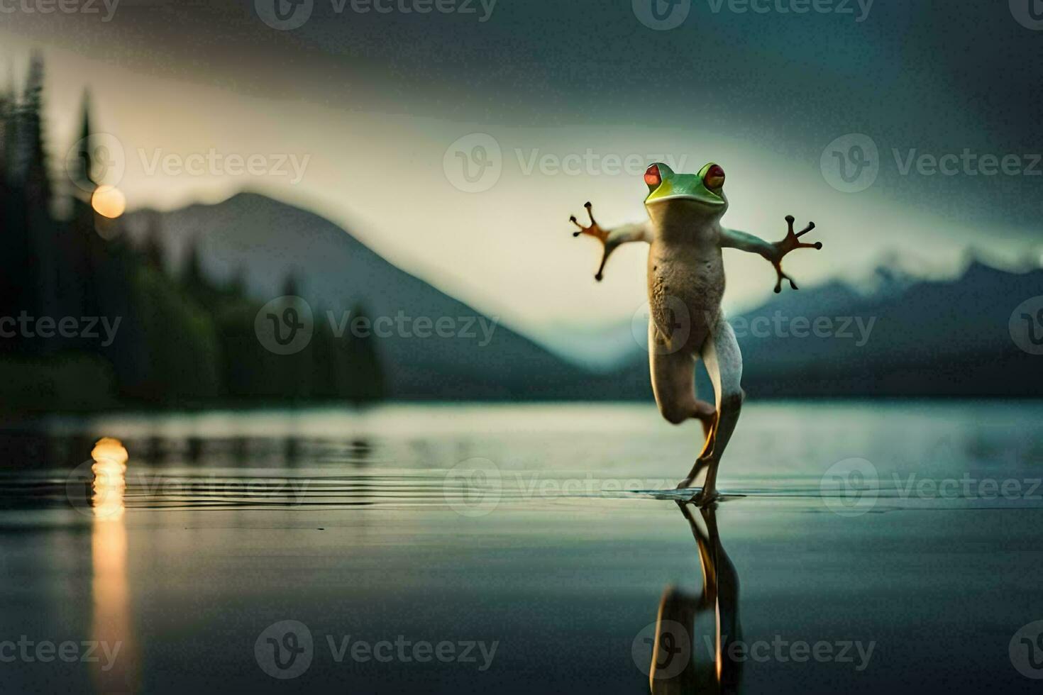 un rana es saltando en el agua. generado por ai foto