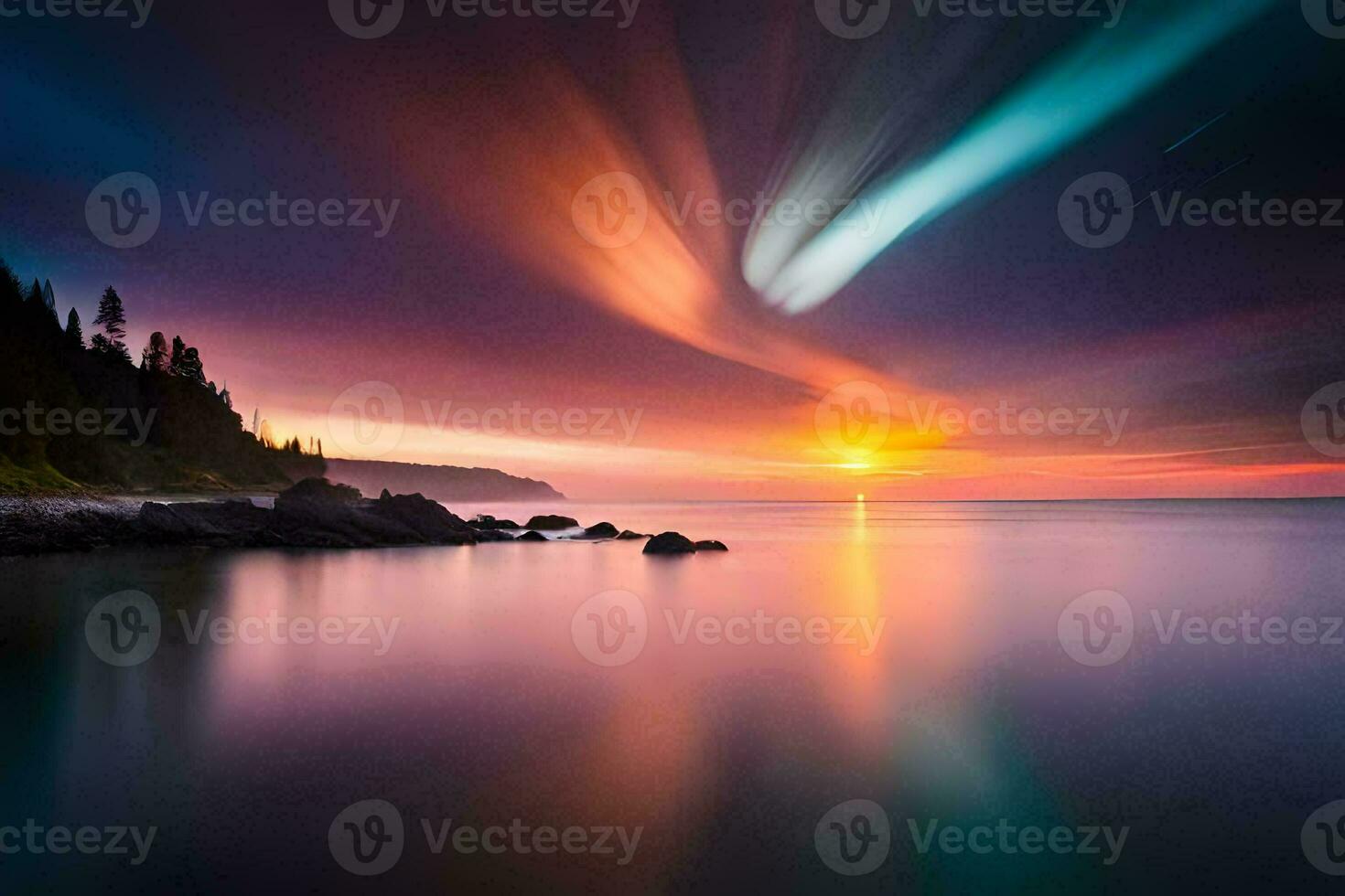 a colorful sunset over the ocean with a long exposure. AI-Generated photo