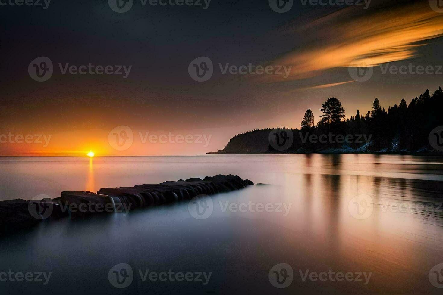 the sun sets over the water and trees. AI-Generated photo