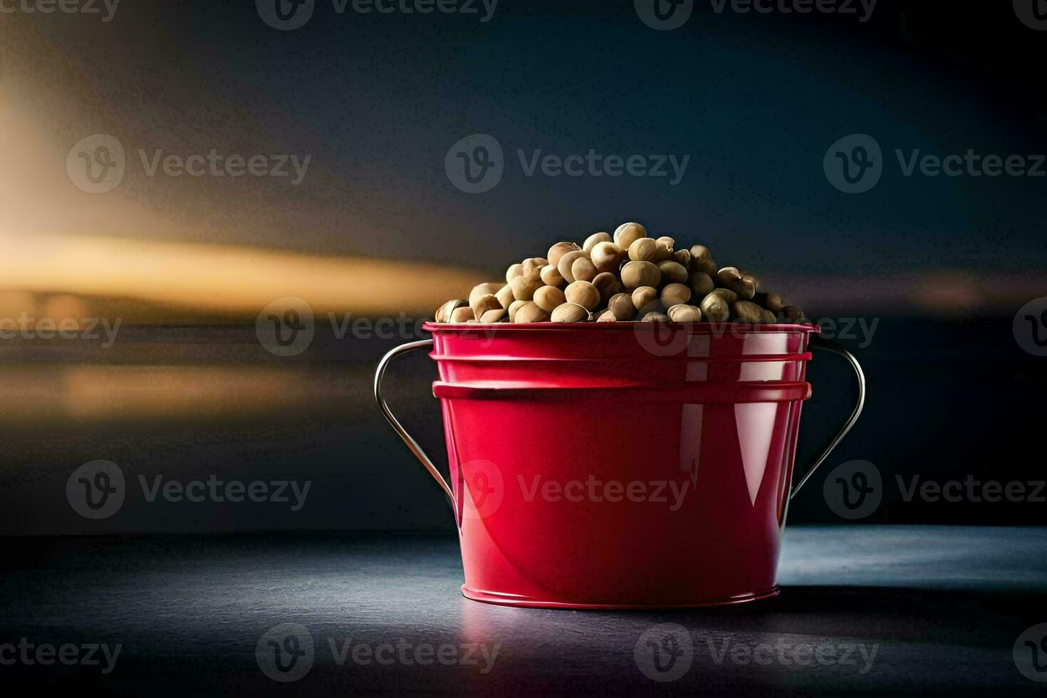 a red bucket filled with peanuts on a table. AI-Generated photo
