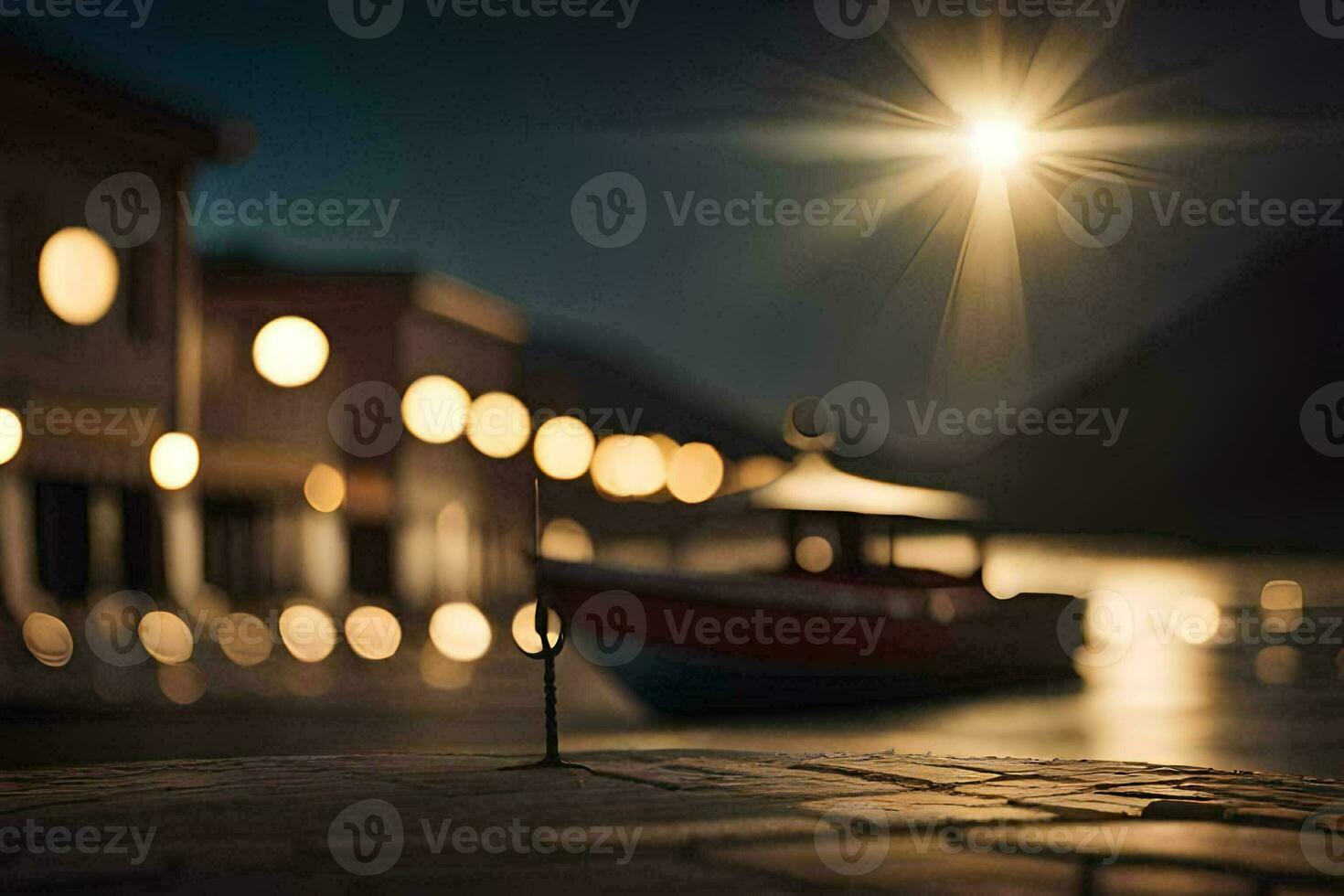 a boat is sitting on the dock at night. AI-Generated photo