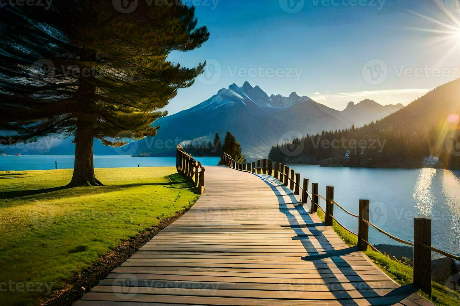 a wooden walkway leads to a lake and mountains. AI-Generated photo