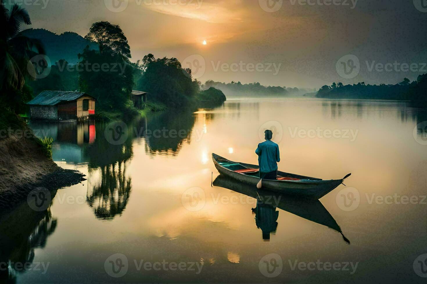 a man in a boat on a river at sunrise. AI-Generated photo