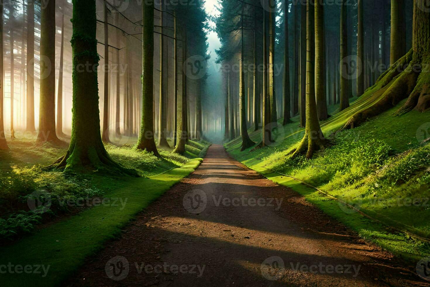 a path through a forest with trees and grass. AI-Generated photo