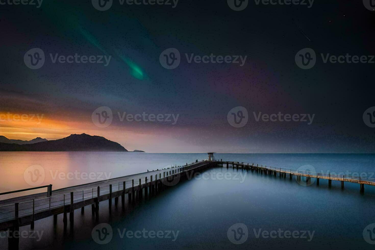 un muelle con el Aurora luces encima él. generado por ai foto