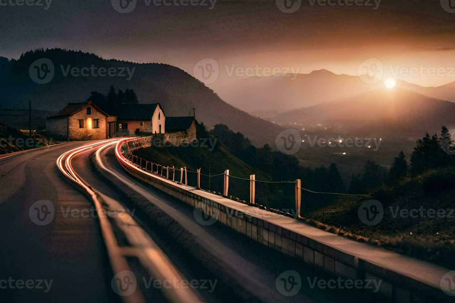 photo wallpaper the road, road, house, mountains, sunset, the road, road, the. AI-Generated