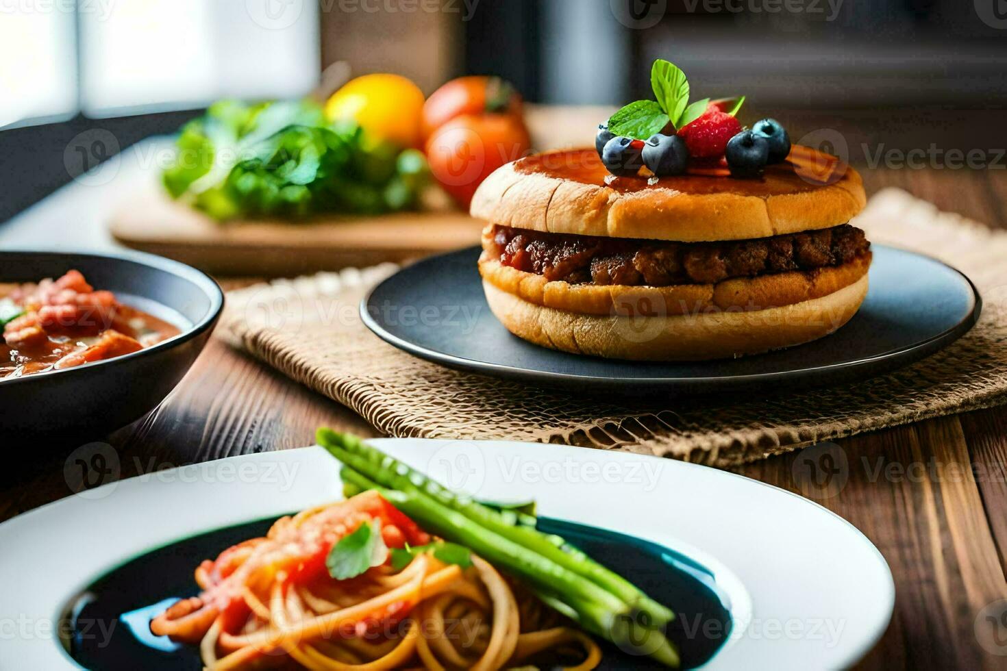 a plate with a burger and pasta on it. AI-Generated photo