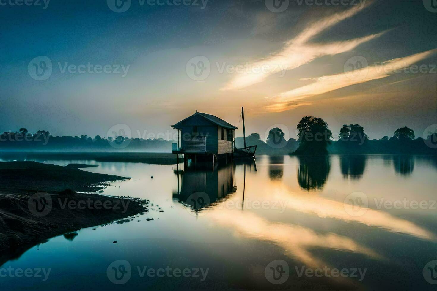 a small house sits on the shore of a lake at sunrise. AI-Generated photo