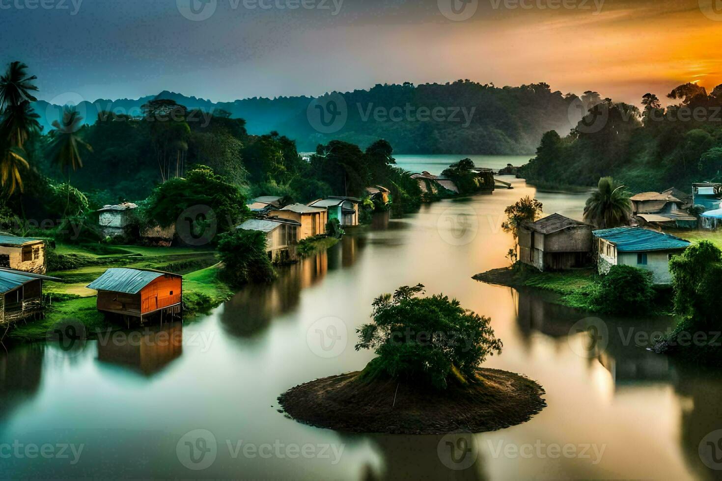 a river in the middle of a village. AI-Generated photo
