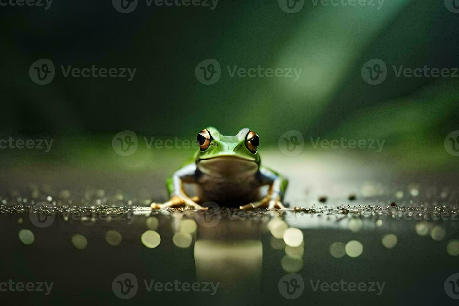 a frog sitting on the ground in the rain. AI-Generated photo