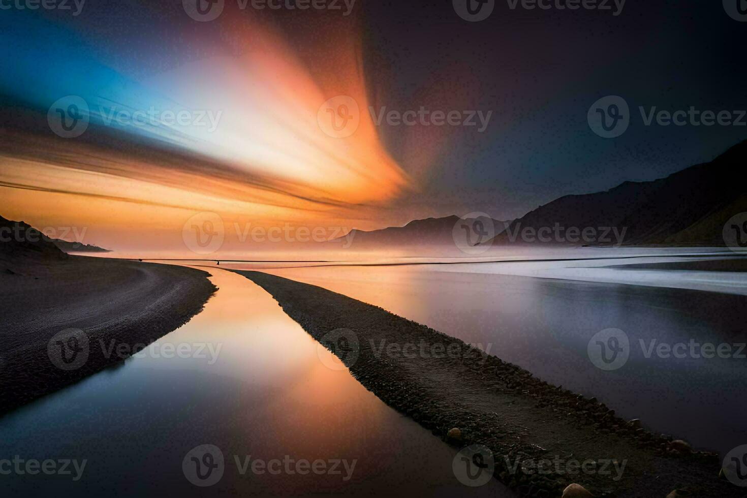 un largo exposición fotografía de el puesta de sol terminado el océano. generado por ai foto