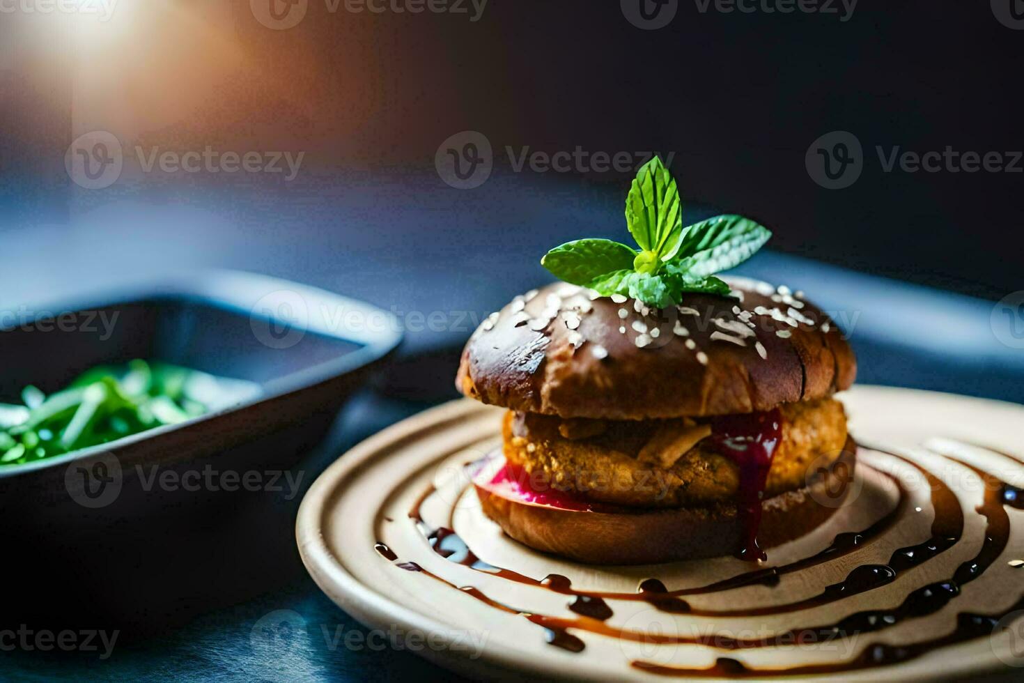 a hamburger with sauce and green beans on a plate. AI-Generated photo