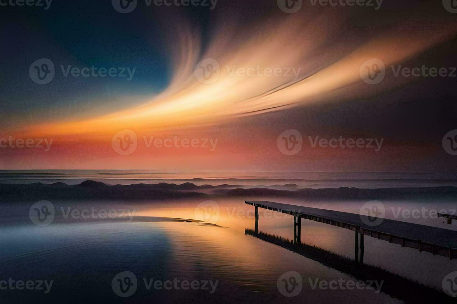 a pier with a long bridge over the water at sunset. AI-Generated photo