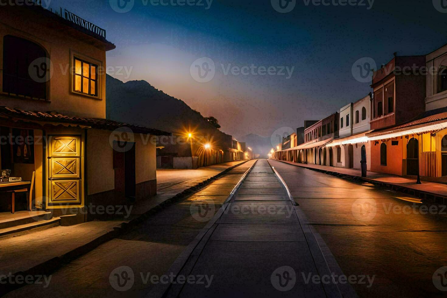 a long empty street at night with lights on. AI-Generated photo