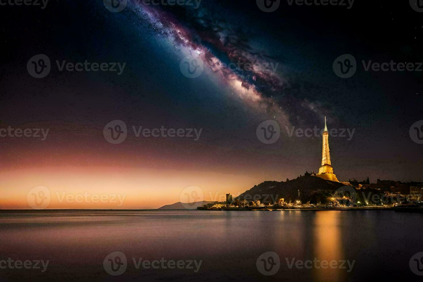 the milky way over the sea and tower in the distance. AI-Generated photo