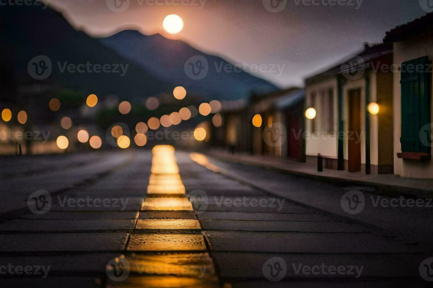 a street at night with lights on the buildings. AI-Generated photo