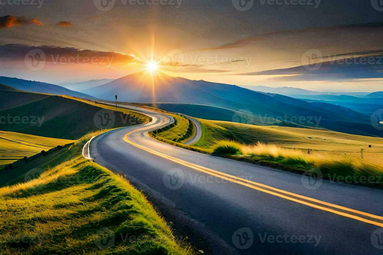 the sun is setting over a winding road in the mountains. AI-Generated photo