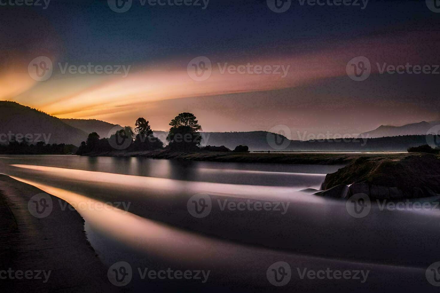 a river at sunset with mountains in the background. AI-Generated photo