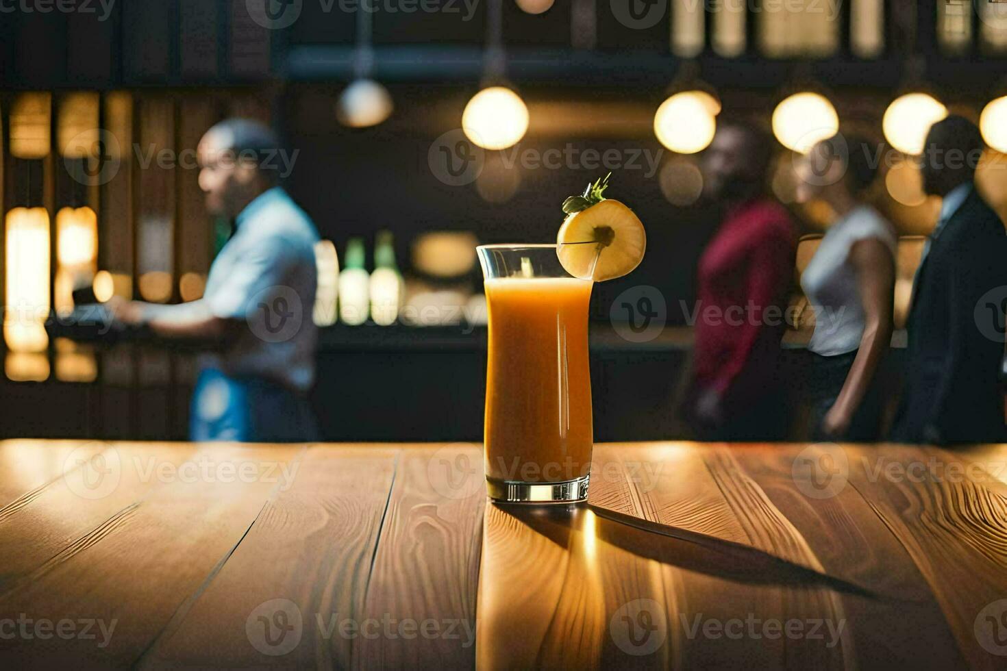 a glass of orange juice sitting on a wooden table. AI-Generated photo