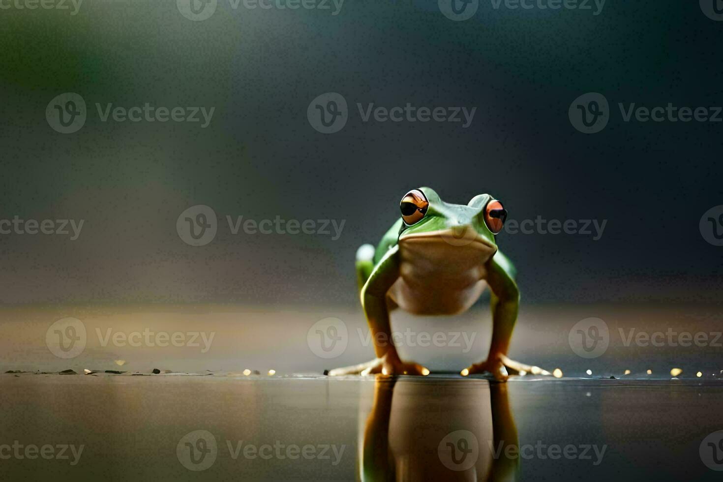 a frog standing on the water surface with its reflection. AI-Generated photo
