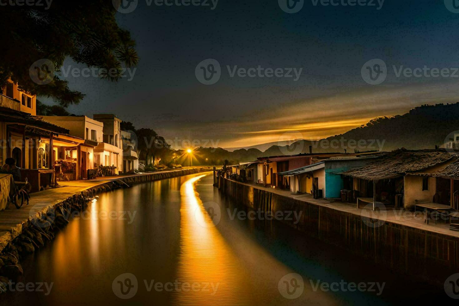 a canal in the middle of a town at night. AI-Generated photo