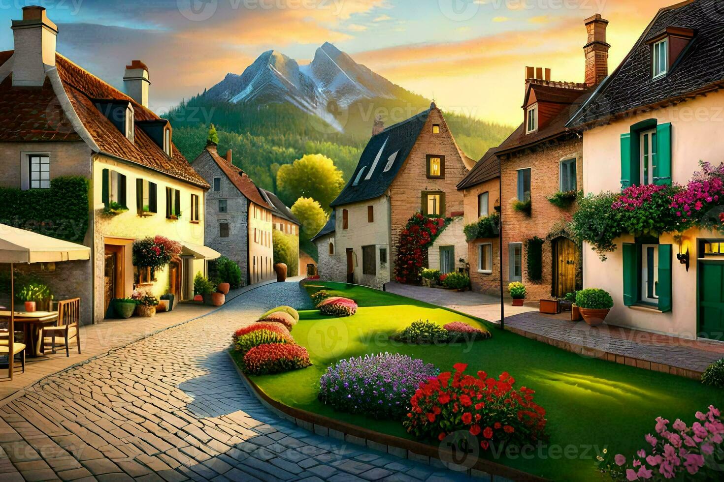 a street in the mountains with flowers and trees. AI-Generated photo