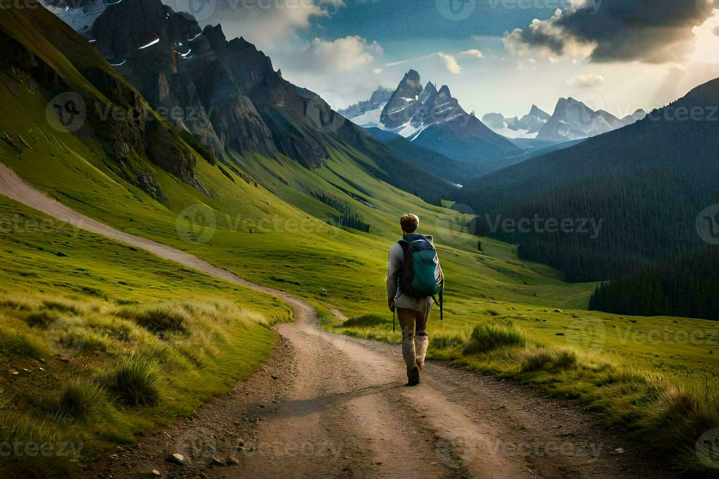 a man with a backpack walking down a dirt road in the mountains. AI-Generated photo