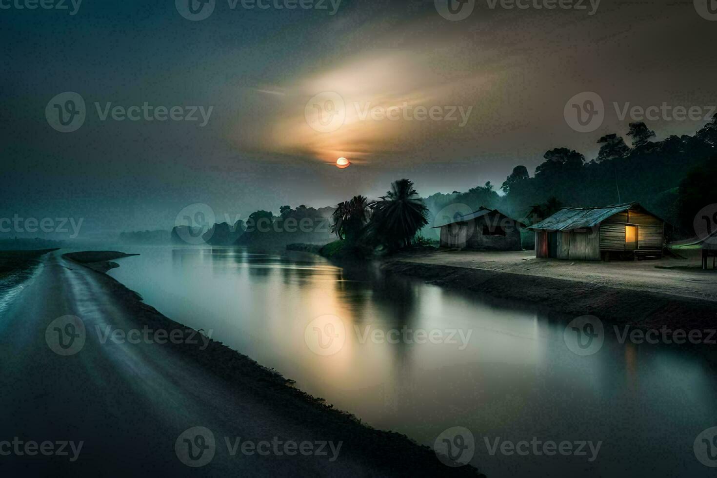 a river in the middle of a foggy night. AI-Generated photo