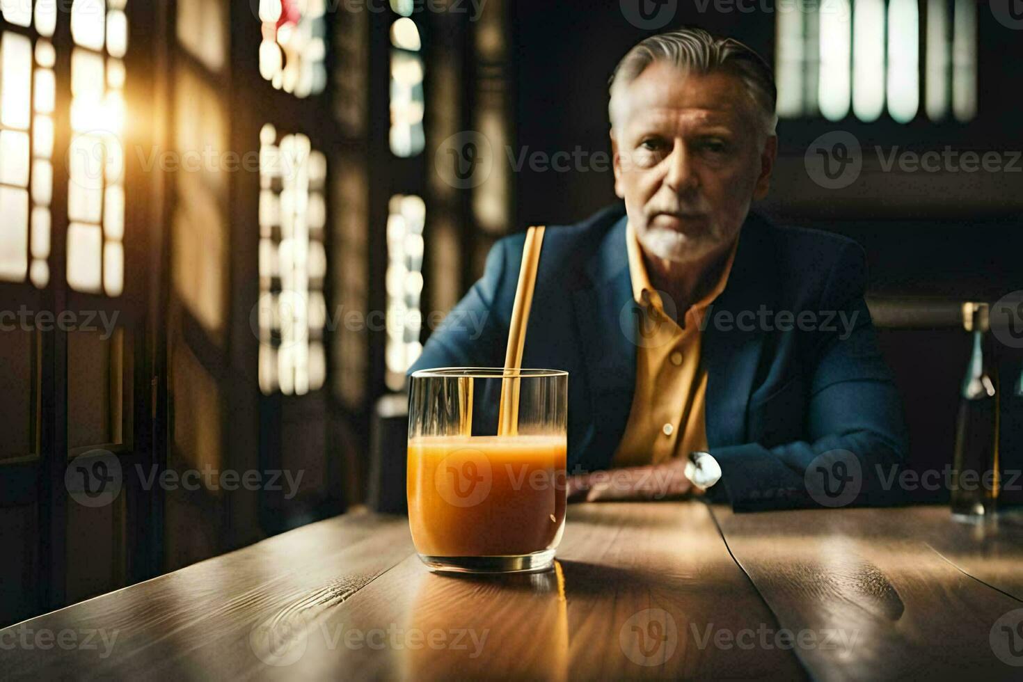 a man sitting at a table with a glass of orange juice. AI-Generated photo