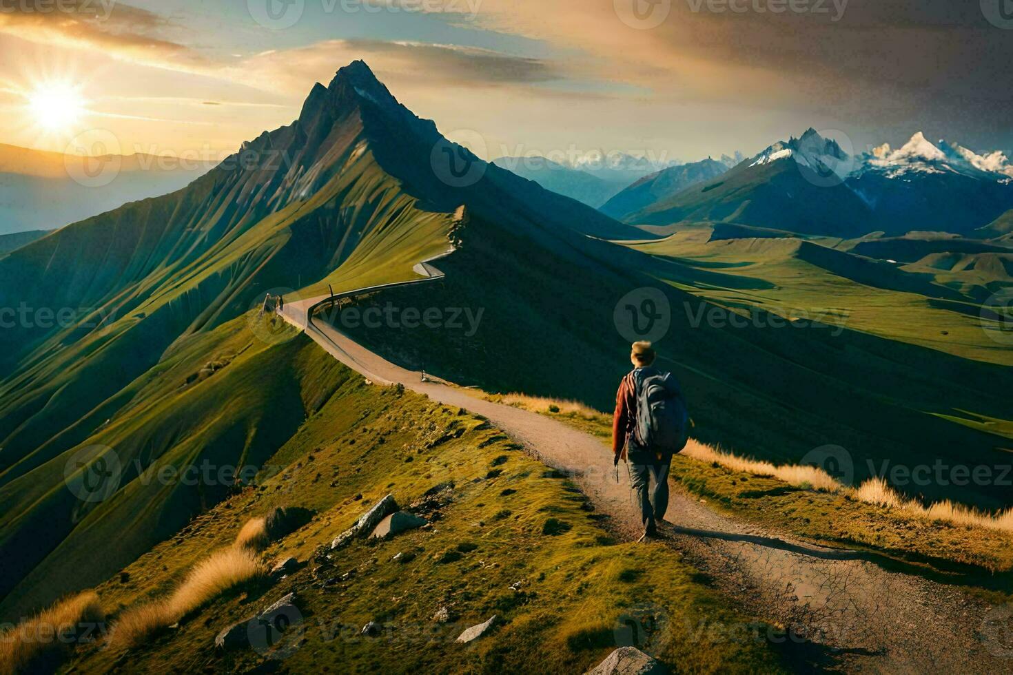 a man walks on a path in the mountains. AI-Generated photo