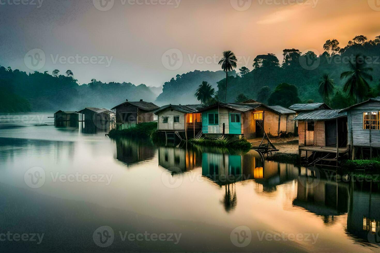 casas en el agua a amanecer en el selva. generado por ai foto