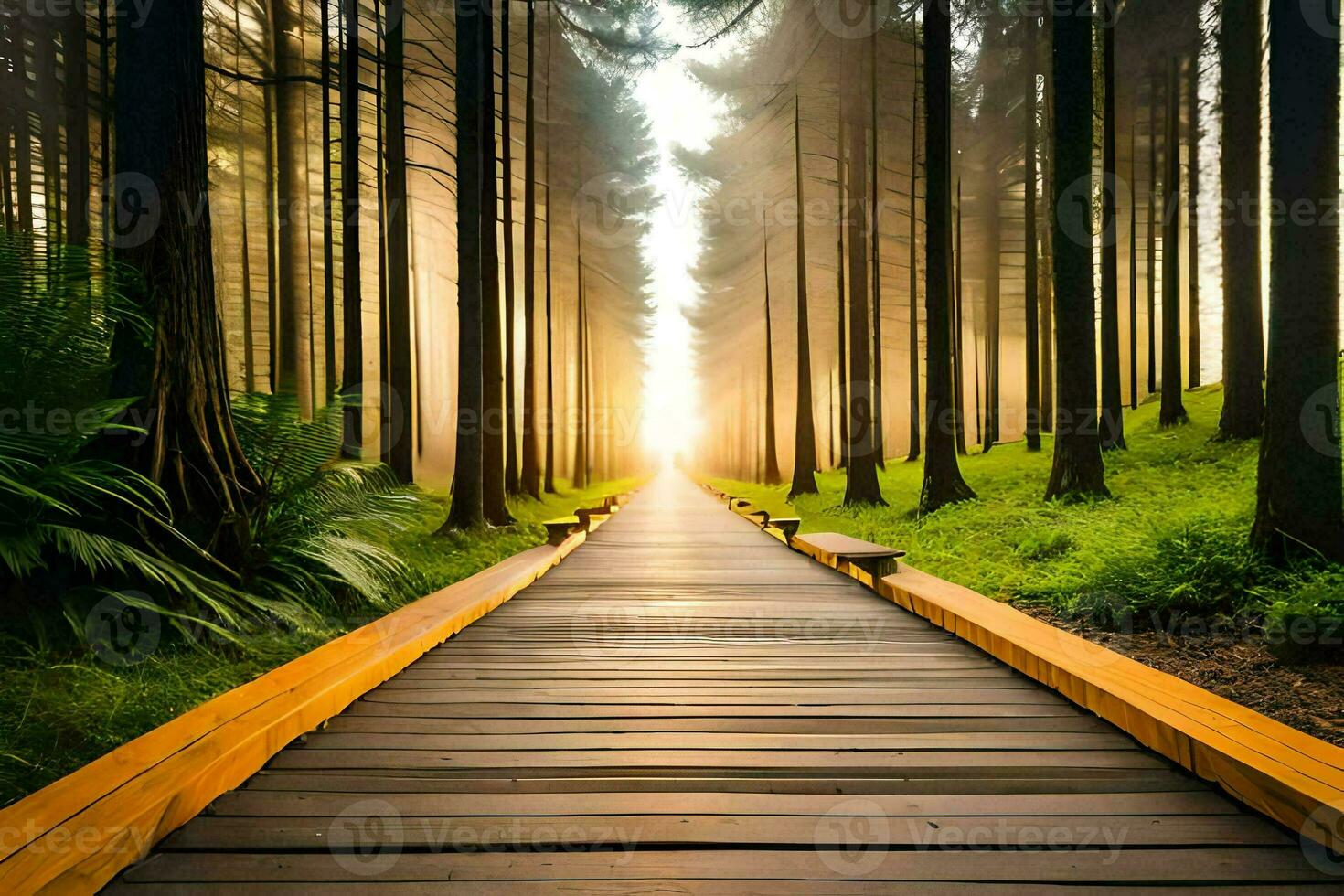 a wooden path leads to the sun in the forest. AI-Generated photo