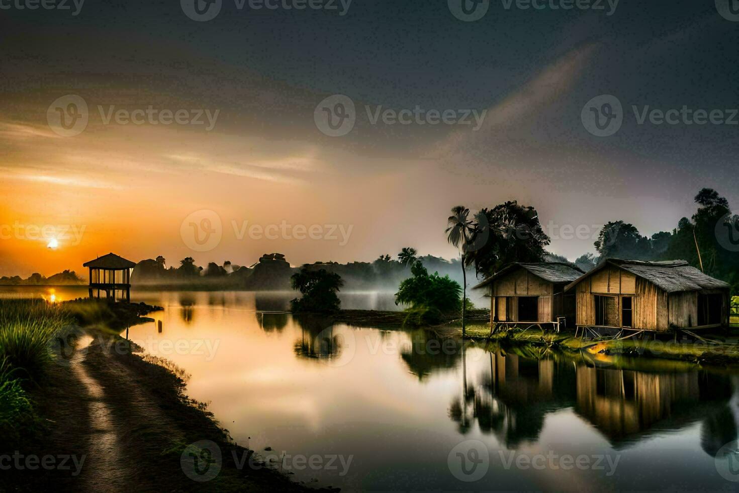 the sun rises over a small village on the edge of a lake. AI-Generated photo