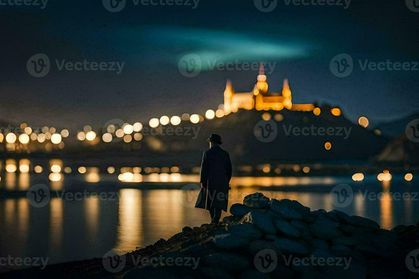 a man standing on rocks looking at a castle at night. AI-Generated photo