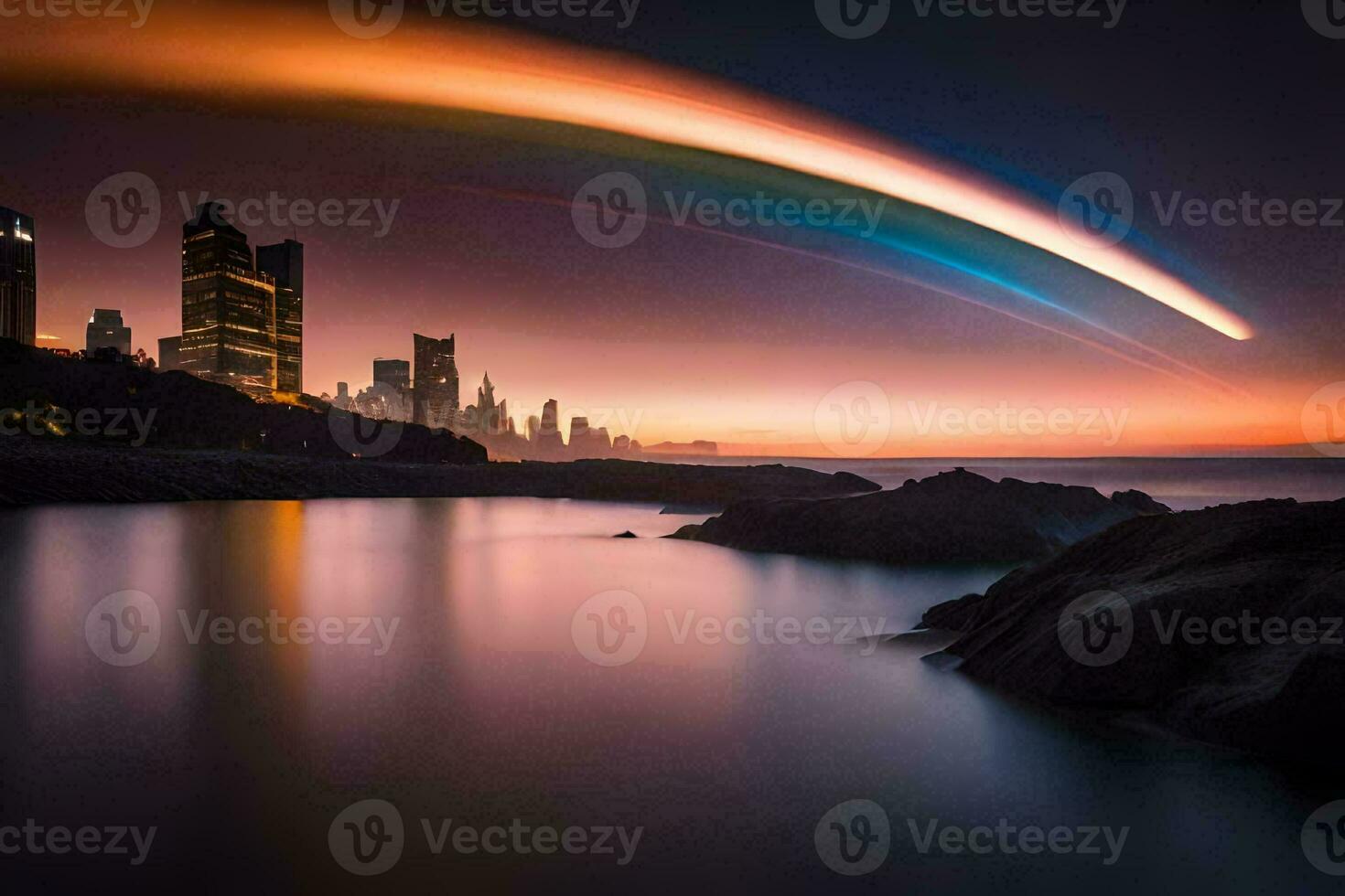a rainbow is seen over the ocean in front of a city. AI-Generated photo