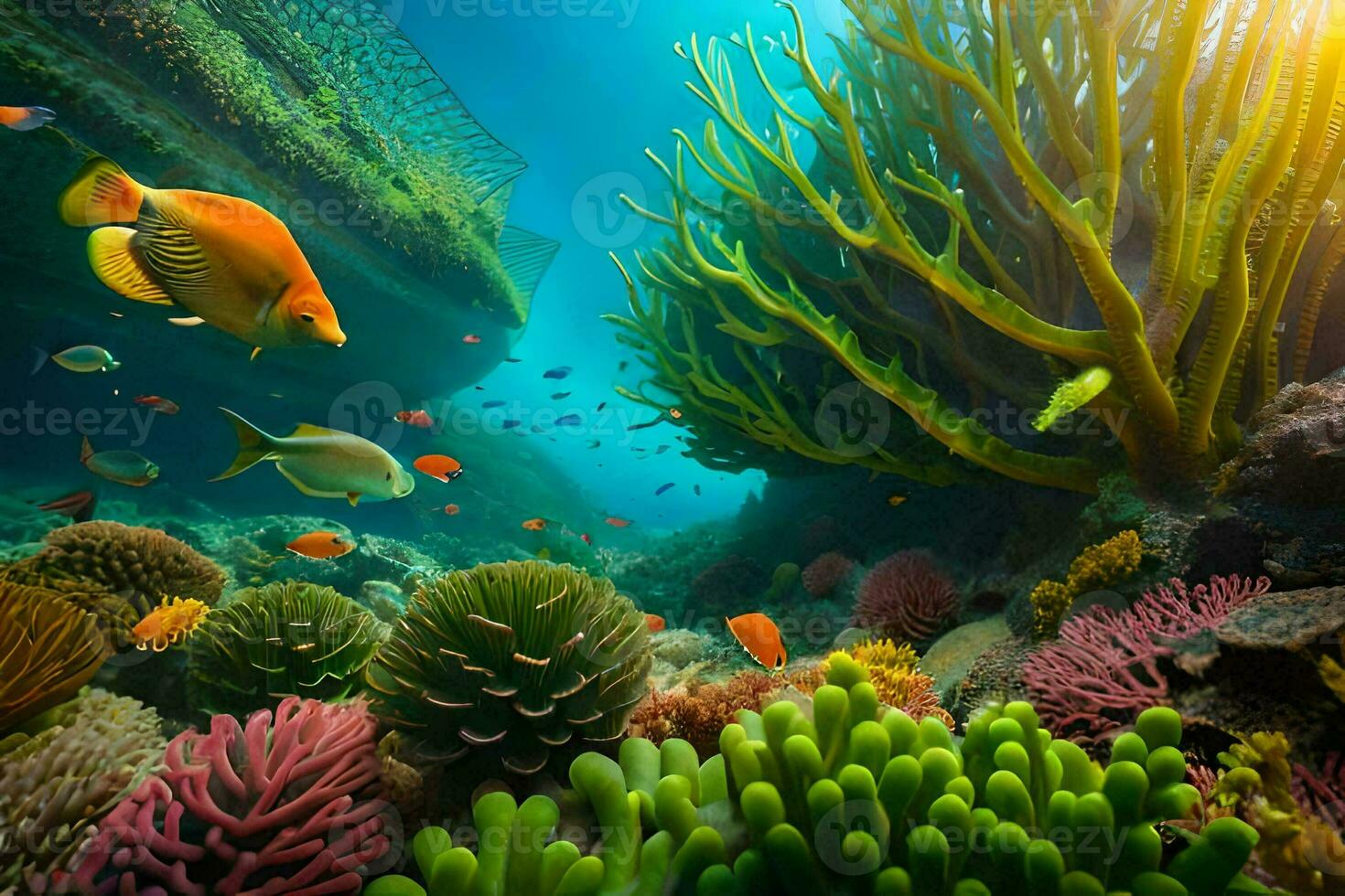 an underwater scene with colorful corals and fish. AI-Generated photo