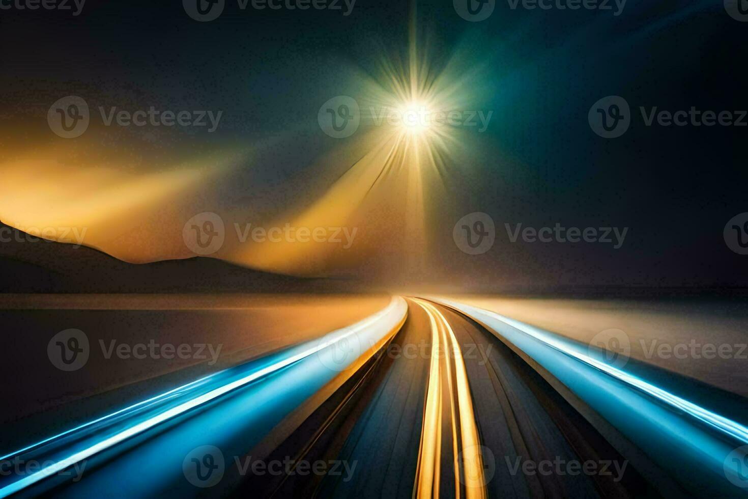 a train traveling through the night with light trails. AI-Generated photo