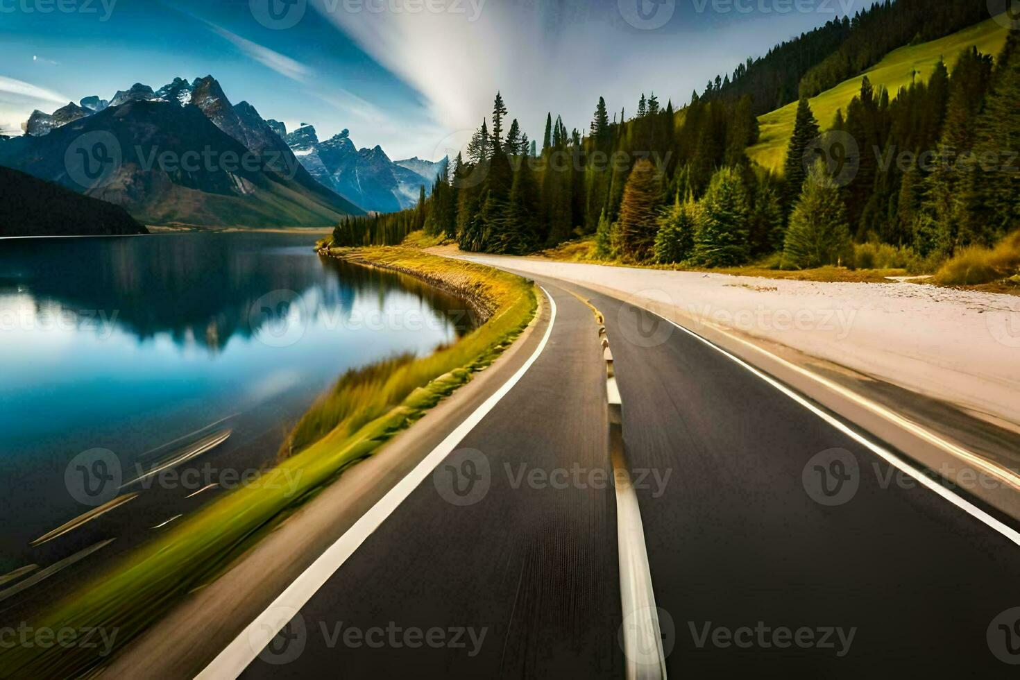 a road with mountains in the background and a lake. AI-Generated photo