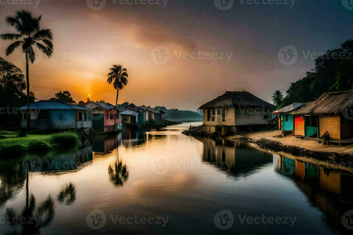 a river with houses and palm trees at sunset. AI-Generated photo