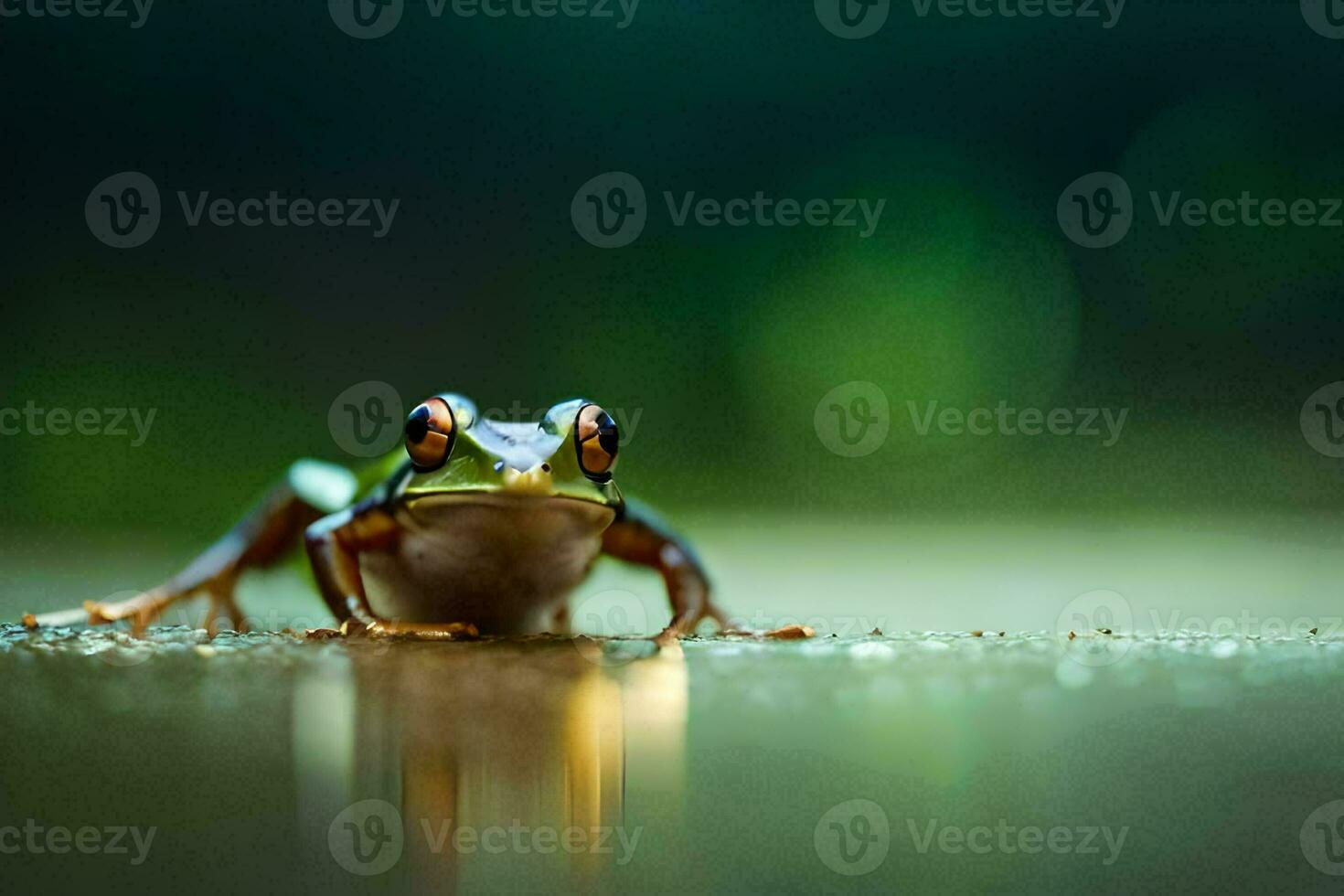 a frog sitting on the ground with a green background. AI-Generated photo