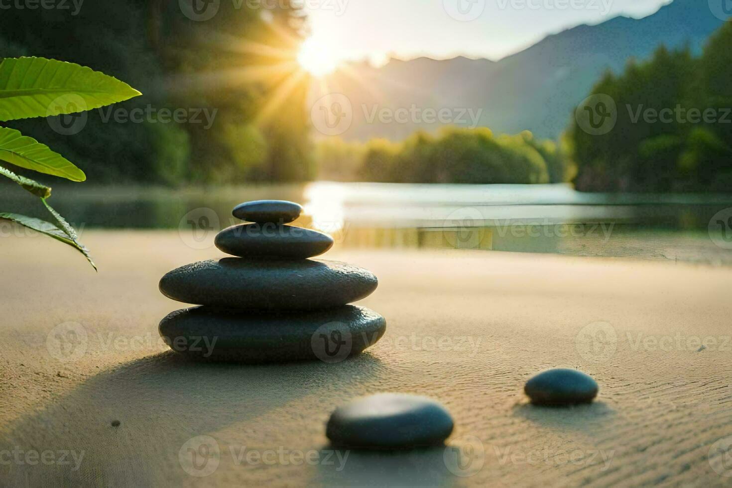 zen stones on the beach at sunset. AI-Generated photo