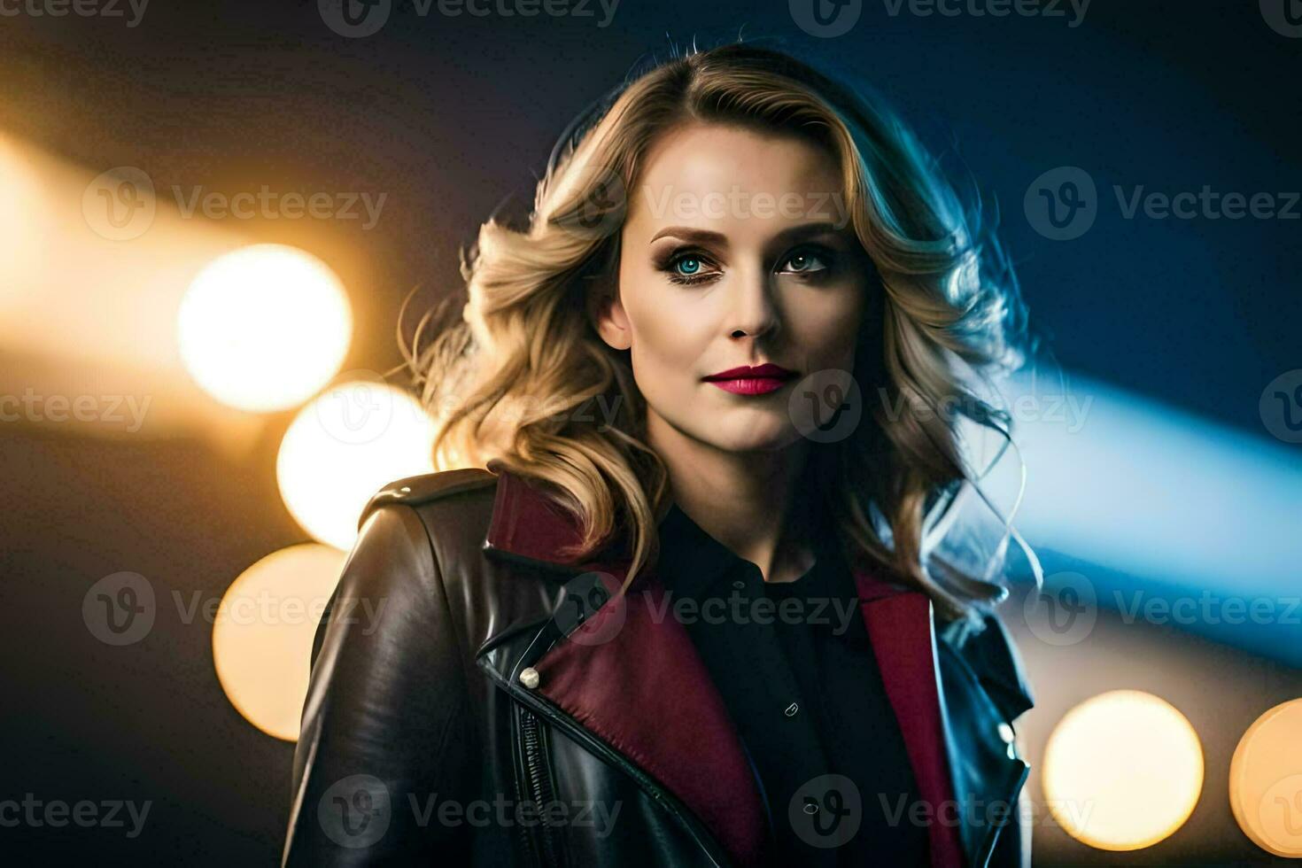 a beautiful blonde woman in a leather jacket. AI-Generated photo